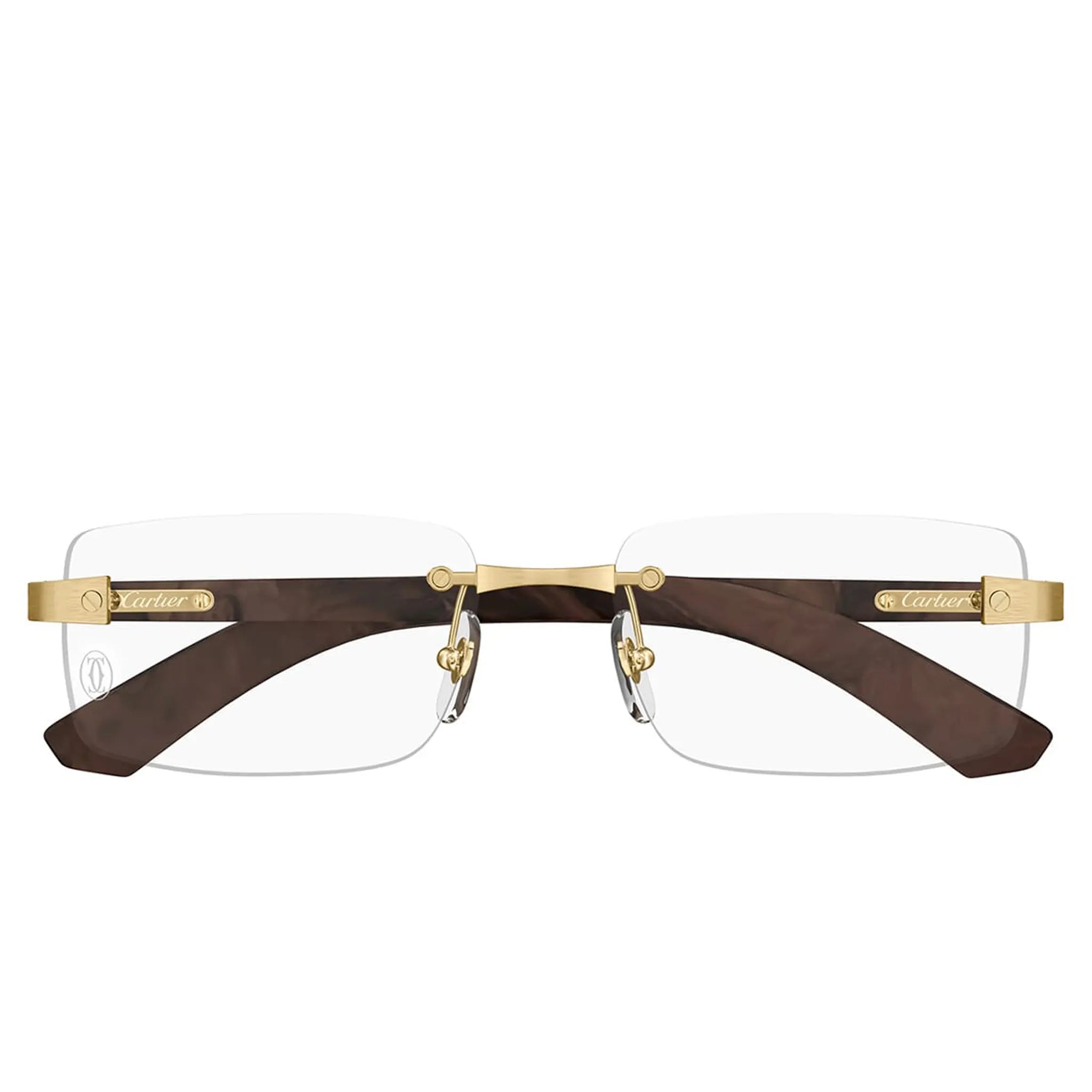 Front View of Cartier Eyewear CT0513O-004 Transparent Gold Brown Rimless Sunglasses